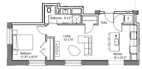 Floor plan for 1 bed, 1 bath, 623 sqft